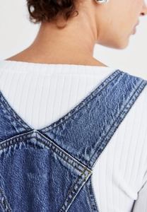 Close-up of double-stitched criss-cross back straps on dark blue denim overalls