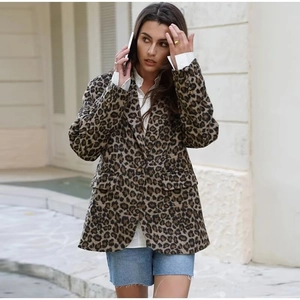 Women Leopard Print Blazer Jacket Long Sleeve Single Breasted Vintage Lapel Collar Autumn Winter Outwear