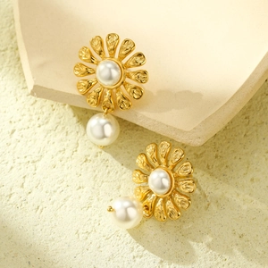 Elegant gold daisy titanium steel earrings with white pearls and a luxury polished finish