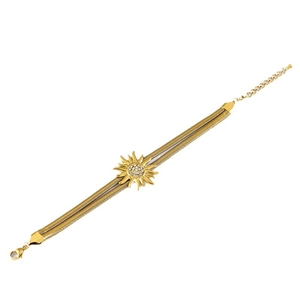 Double-layer gold snake chain bracelet featuring a sun charm set with sparkling rhinestones