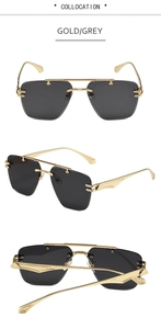 Detailed views of gold rimless sunglasses with grey lenses from multiple angles
