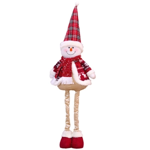 Retractable Christmas snowman doll with red plaid fabric and long legs on white background