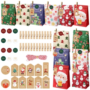 Christmas gift bag set including colorful paper bags, wooden clips, tags and cotton twine