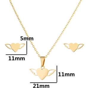 Golden winged heart necklace and earrings set with detailed dimensions 21mm and 11mm