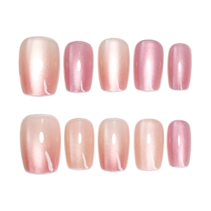 Pink and purple gradient cat-eye square fake nails set with a shimmering glitter finish