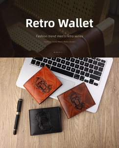 Detailed view of vintage men's short wallets with skull embossing in multiple colors