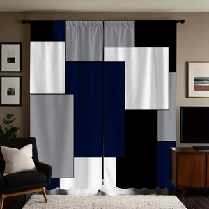 Modern geometric color block velvet curtains in navy and grey for a minimalist living room