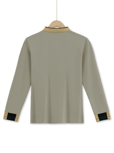 Rear view of a men's long sleeve polo shirt in grey green with contrast collar and cuffs