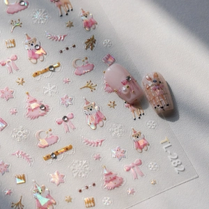 Pink Christmas bear nail art stickers TL-282 with festive snowflakes and golden finish
