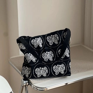 Retro schwarze Canvas-Einkaufstasche mit weißer Schmetterlingsstickerei für den Alltag