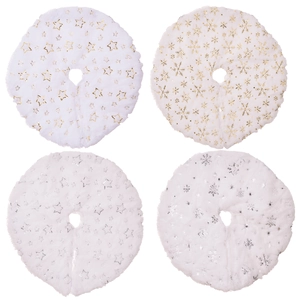 Plush Christmas tree skirts with gold and silver sequined stars and snowflake patterns