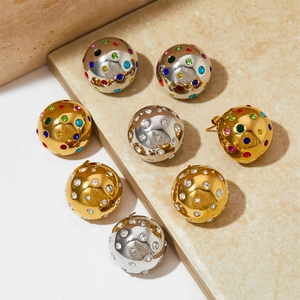 Round Ball Stud Earrings Stainless Steel With Inlaid Colorful Rhinestones Fashion Jewelry For Women