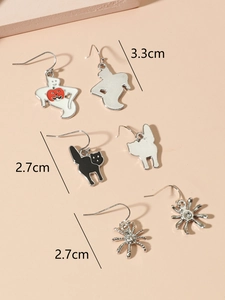 Detailed view of Halloween ghost, black cat, and spider earrings with size measurements