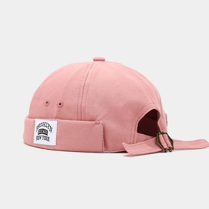 Pink canvas docker hat with vintage Brooklyn embroidery and adjustable strap