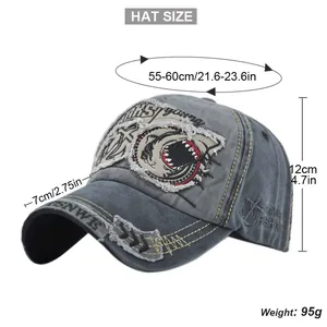 Detailed size chart for the shark embroidered baseball cap with precise measurements