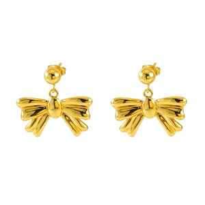 Polished 18K gold stainless steel bow earrings featuring a spherical stud design