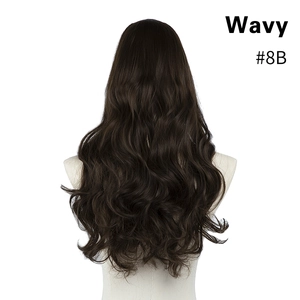 Detailed back view of long wavy hair extension in dark brown #8B shade on white background