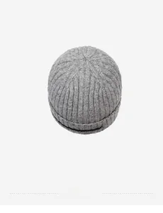 Detailed top view of grey winter knit beanie with vertical ribbed pattern and warm texture