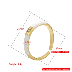 Size diagram showing dimensions of white enamel adjustable heart ring with gold plating