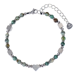 Detail of beaded stone bracelet with stainless steel heart pendant and adjustable chain