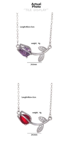 Detail showing red and purple tulip pendants with crystal leaves and 40cm chain