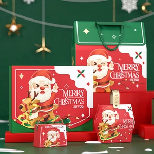 Christmas paper gift boxes with Santa and reindeer illustrations in red and green colors