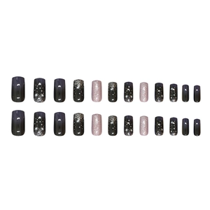 Starry night press-on nails with purple glitter and silver sparkle in 24-piece set
