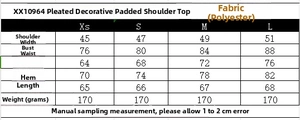 Detailed size chart for the pleated padded shoulder top with polyester fabric measurements