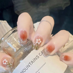 Long Coffin Press On Nails Ombre Cat Eye Effect With 3D Floral Decoration Rhinestone Elegant French Glossy ABS Artificial Finger Nails