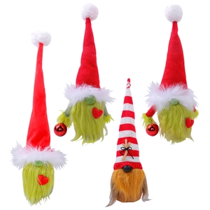 Set of four Christmas gnomes with green beards and red heart hats on white background