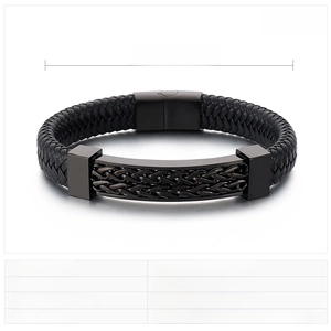 Detail view of black woven leather bracelet with size 210x12mm and 44g weight specs