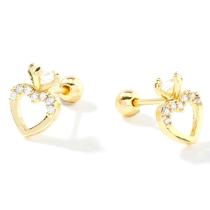 Exquisite gold crown heart stud earrings with cubic zirconia and secure screw back
