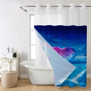 Detail of waffle-pattern shower curtain with glowing heart mountain print and metal rings