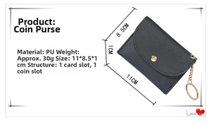 Women's compact PU leather coin purse with dimensions 11x8.5x1cm and snap closure