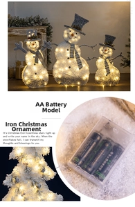 Detail of three LED iron art Christmas snowmen powered by AA batteries with warm lights