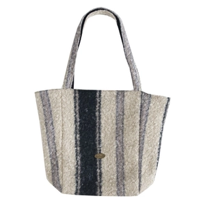Ins style double-sided wool tote bag with vertical stripes and handmade metal logo