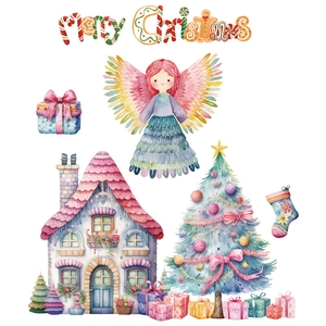 Pink watercolor Christmas wall decals with snowy house, tree and angel for glass decor