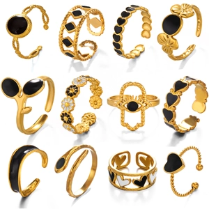 18K gold plated stainless steel open rings collection with heart and flower enamel designs