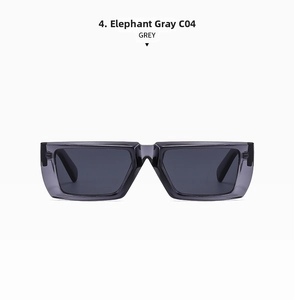 Detail der trendigen rechteckigen elefantengrauen Sonnenbrille mit dunkelgrauen Gläsern