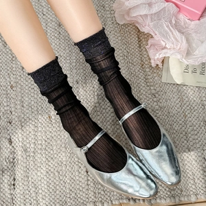 Women Crew Socks Ribbed Mesh Sheer Sweet Japanese Style Glitter Trim Cuff Breathable Transparent Fashionable Chic