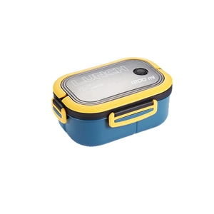 Blue and yellow 1200ml double-layer bento lunch box with a transparent lid for students