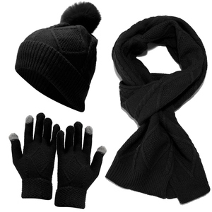 3-piece black knit set including pompom beanie, long scarf and touchscreen gloves