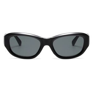 Minimalist cat eye sunglasses with high-gloss black frames and dark grey lenses