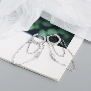Close-up of S925 silver fringe hoop earrings with chain tassels and rectangle zircon stones