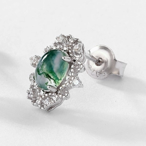 Elegant S925 sterling silver stud earrings with oval green moss agate and zircon stones