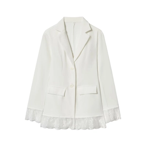 White slim fit blazer with delicate lace splicing on sleeves and hem for women