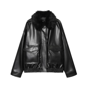 Veste En Cuir Synthétique Pour Femmes Avec Col En Fausse Fourrure Manches Longues Zippée Mode Décontractée Noir Automne Hiver