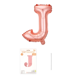Detailansicht von roségoldenem Folienballon Buchstabe J mit Verpackung und Strohhalm
