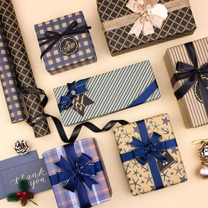Retro Kraft Gift Wrapping Paper Plaid Stripe Nautical Wave Pattern Double Sided Printed For Birthday Valentines Day DIY