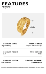 Detail of adjustable gold stainless steel ring with spiral ribbed texture and 1.7cm diameter